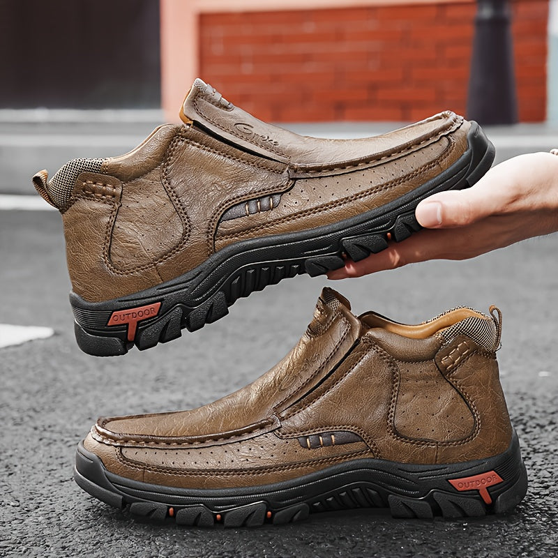 GREKS Mens Hand Stitching Slip On Ankle Boots, Casual Moccasin Chukka Boots Non-Slip Outdoor Hiking And Driving Loafers