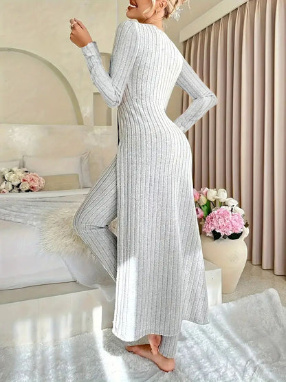 Women'S Heavyweight Fleece Two-Piece Set - Oversized Long Sleeve Lounge Outfit with Wide-Leg Pants, Cozy Winter Warmth, Soft Ribbed Texture & Minimalist Design for Home, Office, Casual Outings - Fall Winter Clothing (No Transparency