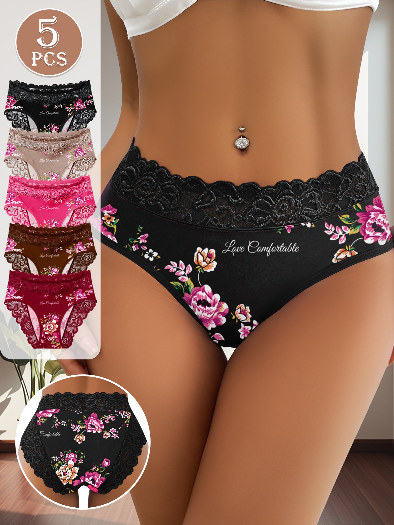 5-Pack Women's Mid-Rise Lace Trim Floral Print Panties Tummy Control Butt Lifting Seamless Invisible Soft Breathable Elegant Briefs for Daily Wear