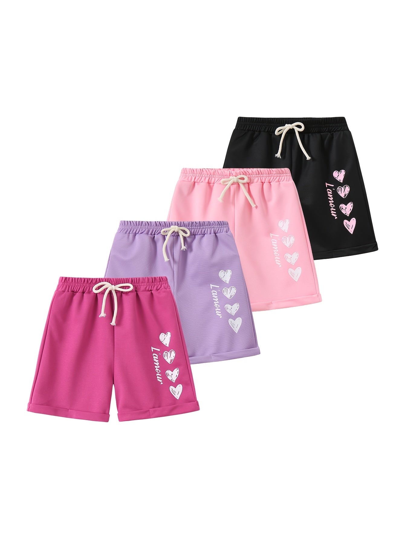 4pcs Girls' Summer Shorts with Heart Print & Bow Front - Non- Bow Tie Waistband, Machine Washable Casual Shorts Suitable for, Playdates, Casual Attire - Spring/Summer Outfits for to, Perfect for Outdoor