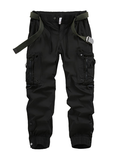 Solid Cargo Men's Casual Long Pants with Multiple Pockets AndButtons, Outdoor Hiking Camping Mountaineering