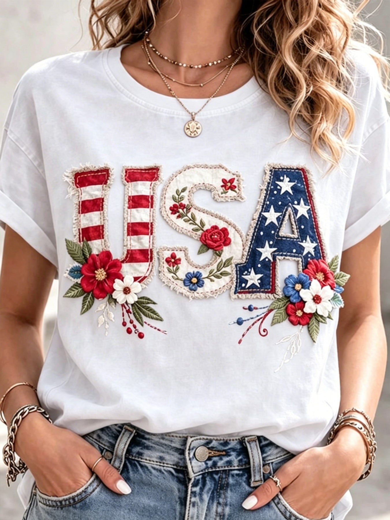USA 250Th Anniversary Women'S Independence Day Patriotic T-Shirt, 2D Print Casual Short-Sleeve Crewneck Tee for July 4Th Celebrations