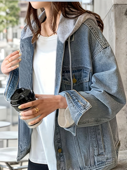 2025 New Women'S Denim Jacket with Hood, Oversized Imitation Old Denim Jacket, Hooded Sweatshirt