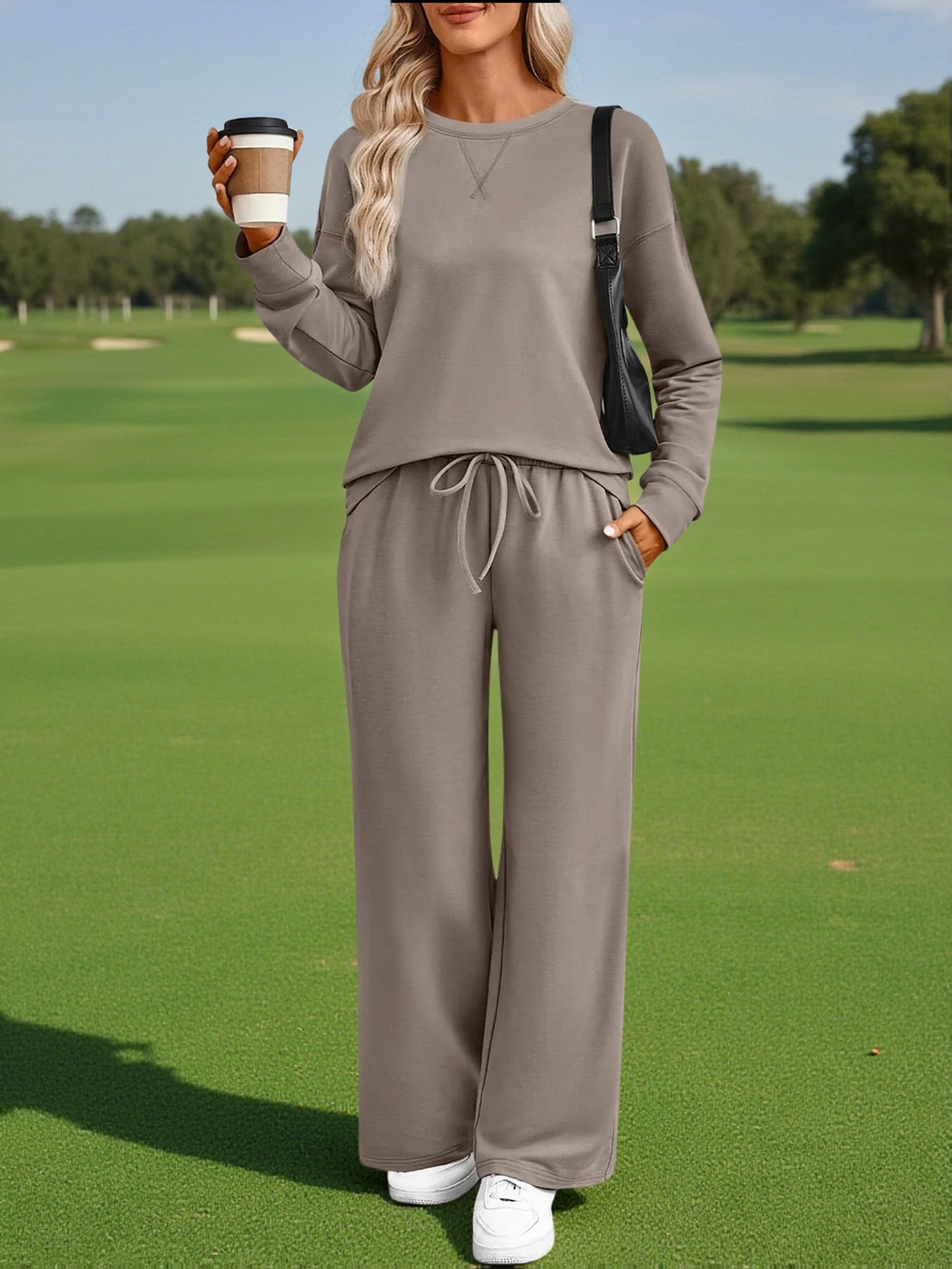 Women's Crew Neck Long Sleeve Top + Wide-leg Pants Two-piece Set | Suitable for Daily Streetwear and Home Leisure. Create a Comfortable and Youthful Look. Minimalist Design, Loose Cut, Showcase Lazy and High-end Style.