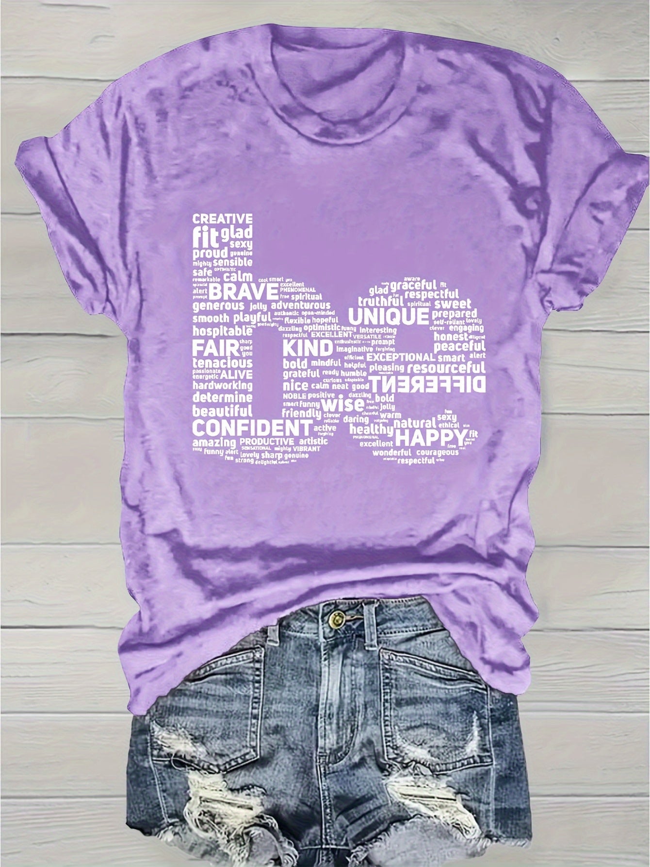 Women's Inspirational Word Cloud Print T-Shirt - Soft Breathable Round Neck Short Sleeve, Light Grey with Positive Affirmations, Medium Stretch Casual Top for Spring Summer Daily & Party Wear, Machine Washable