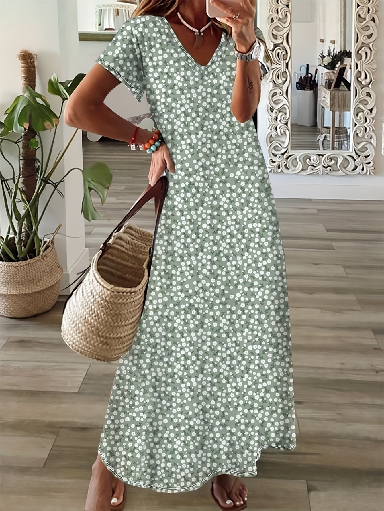 Spring, Summer, Autumn Small Floral Holiday V-neck Women's Thin Elegant Long Dress