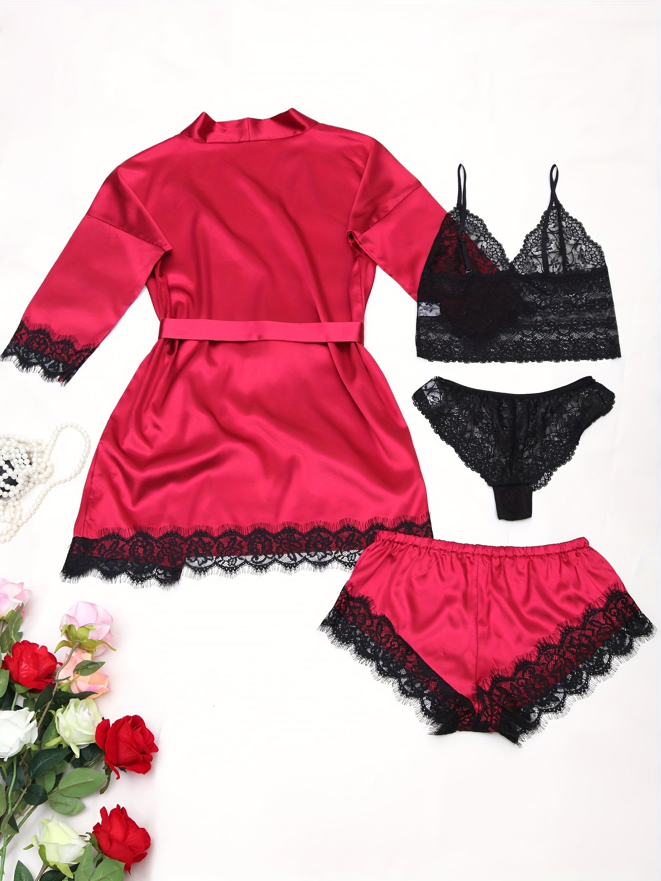 Women's Sleepwear, Home Clothes, Bathrobe 5pcs Set, Multi-color, No Pattern, Sexy, Solid Color, Contrasting Lace, No Lining, Belt, Adult Style, Comfortable and Breathable Fabric, Essential for Lovers to Save Money