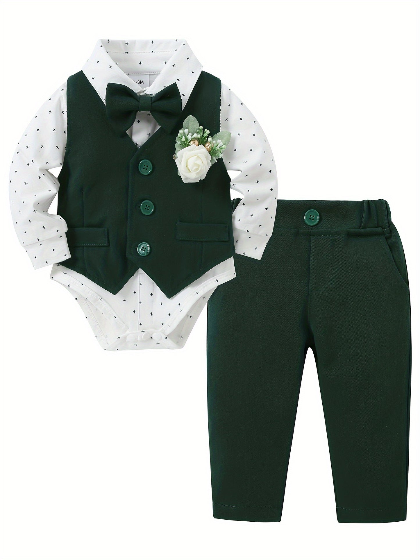 5pcs Newborn Long Sleeve Gentleman Suit Baby Boy Holiday Party Wedding Dress Suit One-Piece Shirt, Vest, Pants, Bow Tie, Corsage 0.0-78.74ft Soft And Comfortable Toddler Clothing