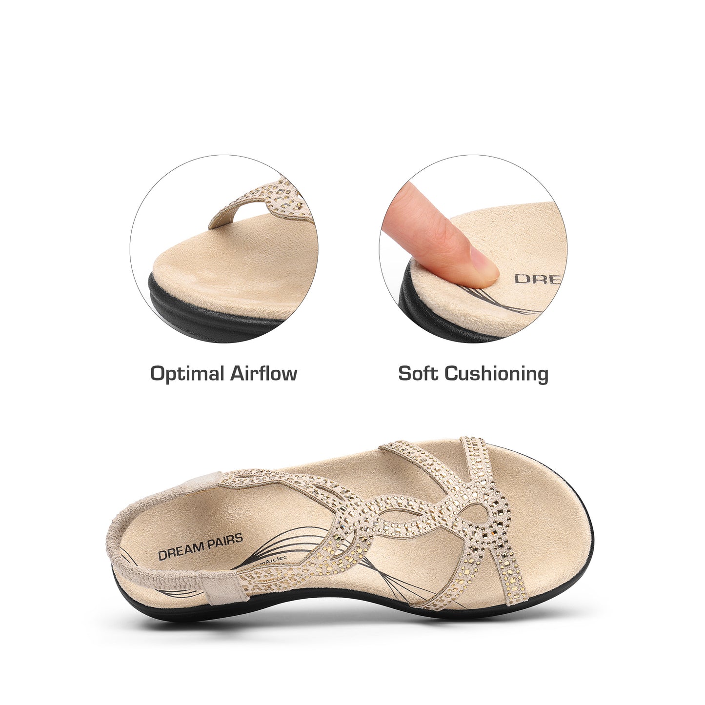 Women's Comfort Dressy Rhinestone Summer Beach Sandals Slip-on Flat Walking Orthopedic Sandals with Elastic Back Strap Soft & Cushioned Day-to-night wear Sandals