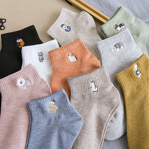 10 Pairs Of Women's Socks, Cute Embroidered Socks for Women, Short Socks, Boat Socks, Low Socks, Midsole Socks, Animal Cartoon Short Socks
