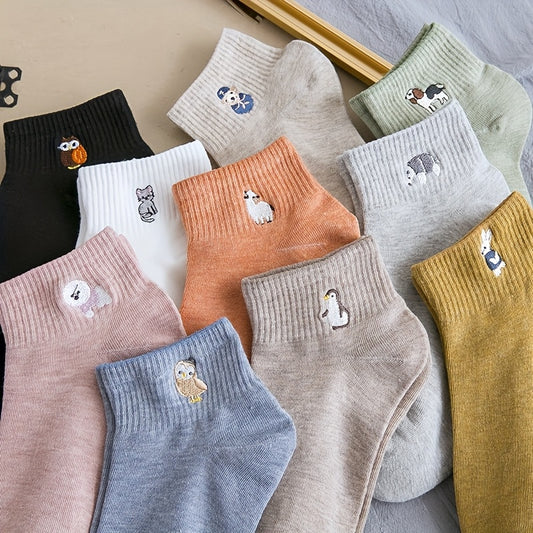 10 Pairs Of Women's Socks, Cute Embroidered Socks for Women, Short Socks, Boat Socks, Low Socks, Midsole Socks, Animal Cartoon Short Socks