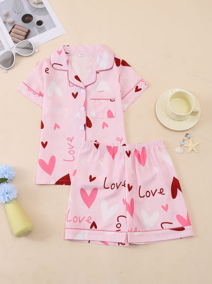 Random 1 Set!Girls' Lapel Pajama Set, Short-Sleeve Top And Elastic-Waist Shorts, Taro Purple Hearts, Light Pink Hearts, White with Teddy Bears And Bows, Pink with Black Hearts. Soft, Skin-Friendly Bubble Crepe for Cozy Home Wear