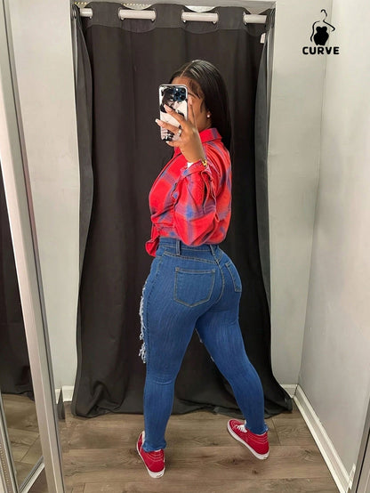 New Fashion! Women's Plus Size Skinny Stretch Jeans, Distressed Patch Decor, Casual Slim - Fit Denim Pants