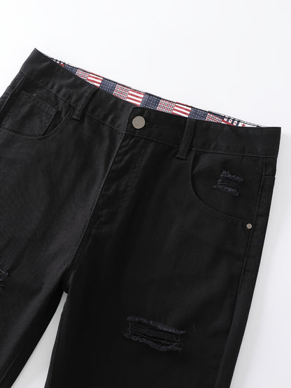 Men's Non-Stretch Ripped Tapered Denim Jeans - Distressed Streetwear Pants with Tapered, Ripped Hem & Flag Suitable for - Wear, Machine Washable Regular Fit for Urban Fashion and Casual Outfits