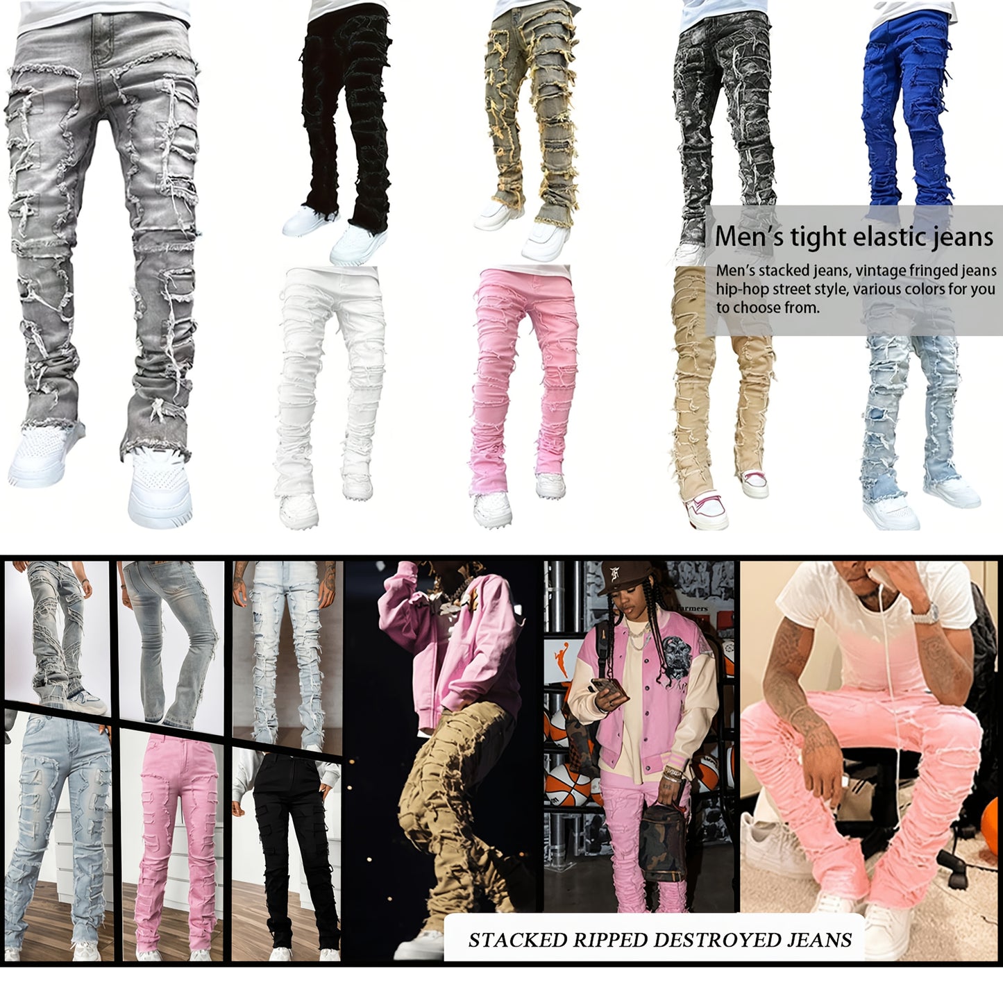 Men's Creative Tassel Decor Straight Fit Jeans, Men's Casual Mid-Rise Elastic Street Style Hip-Hop Skate Rap Jeans for All Seasons