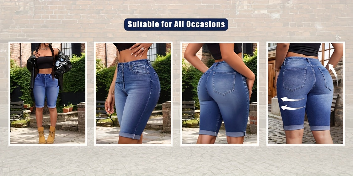 Womens Mid Rise Roll Cuff Bermuda Stretch Denim Jean Shorts