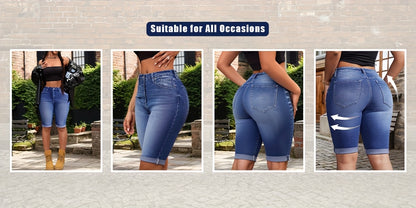 Womens Mid Rise Roll Cuff Bermuda Stretch Denim Jean Shorts