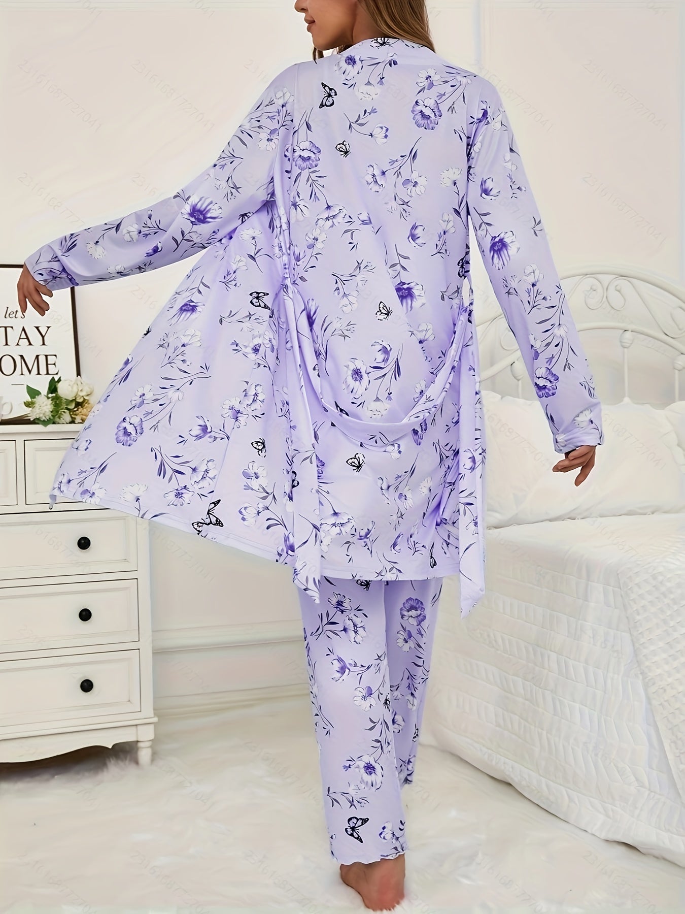 3pcs Floral And Butterfly Print Pajama Set - Long Sleeve Belted Robe & Cami Top & Pants Lounge For All Seasons
