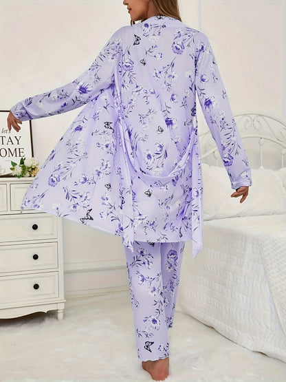 3pcs Floral And Butterfly Print Pajama Set - Long Sleeve Belted Robe & Cami Top & Pants Lounge For All Seasons