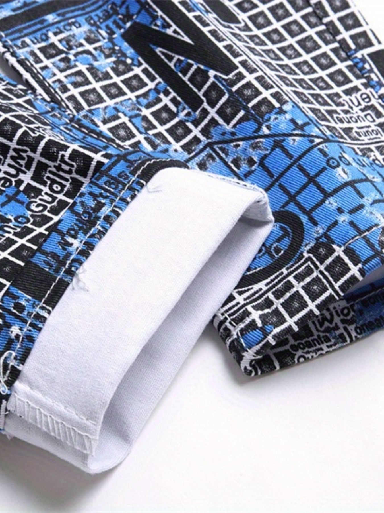 Men'S Slim-Fit Stretch Denim Jeans with Unique Digital Print Design - Mid-Rise, Cotton Blend, Street Style Casual Pants in Blue & Black Grid Pattern, Street Style Jeans | Modern Casual Jeans | Zipper Detail Pants