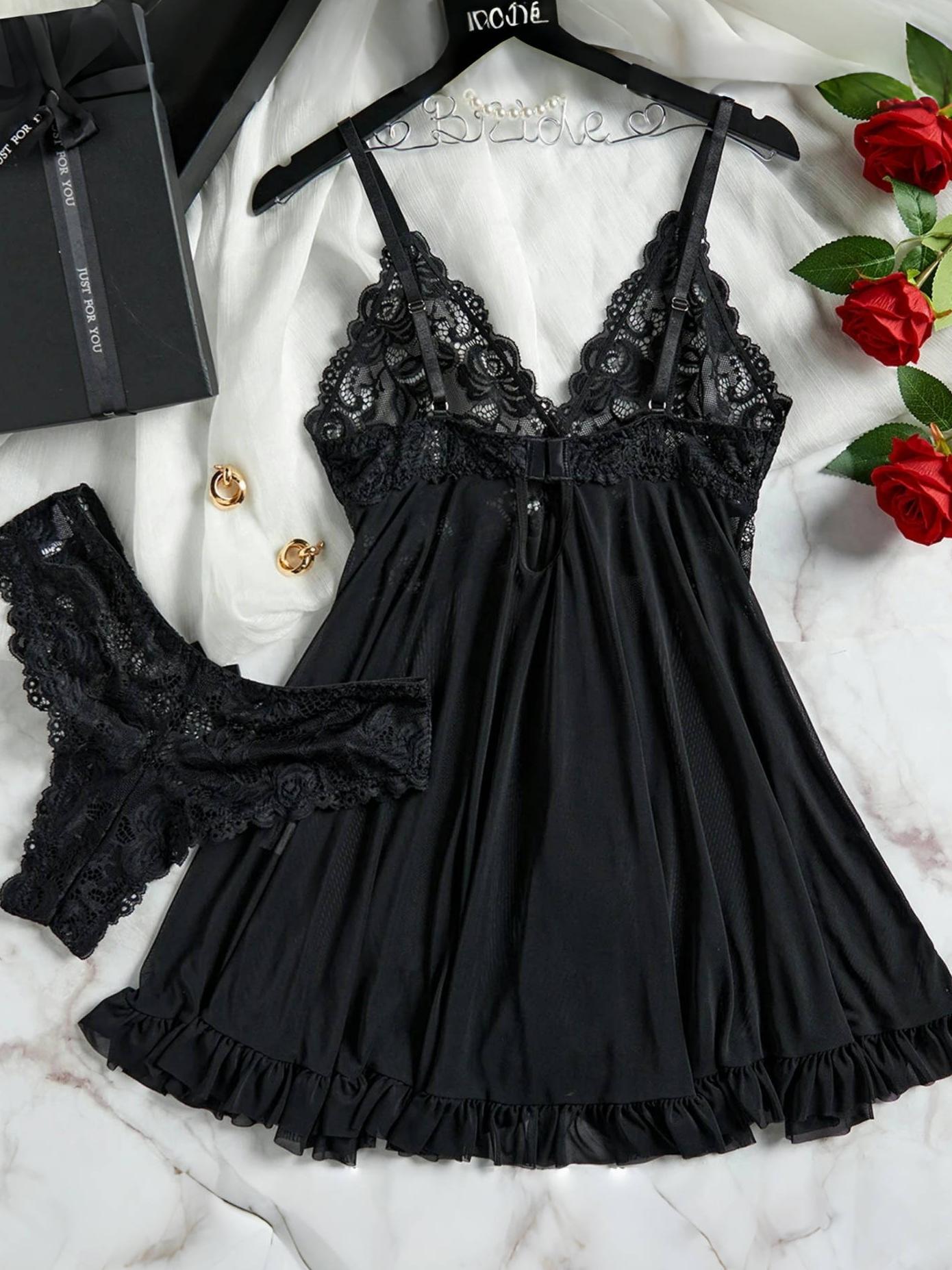 2pcs V-Neck Sexy Hot Contrast Lace Mesh Chemise Babydoll Naughty Lingerie Dress Set Nightwear Nightgown, All-Season Polyester Slip Dress Skimpy Clothes, Soft and Comfortable Sleepwear Intimate Apparel for Women, Christmas Gifts New Year Anniversay Dating