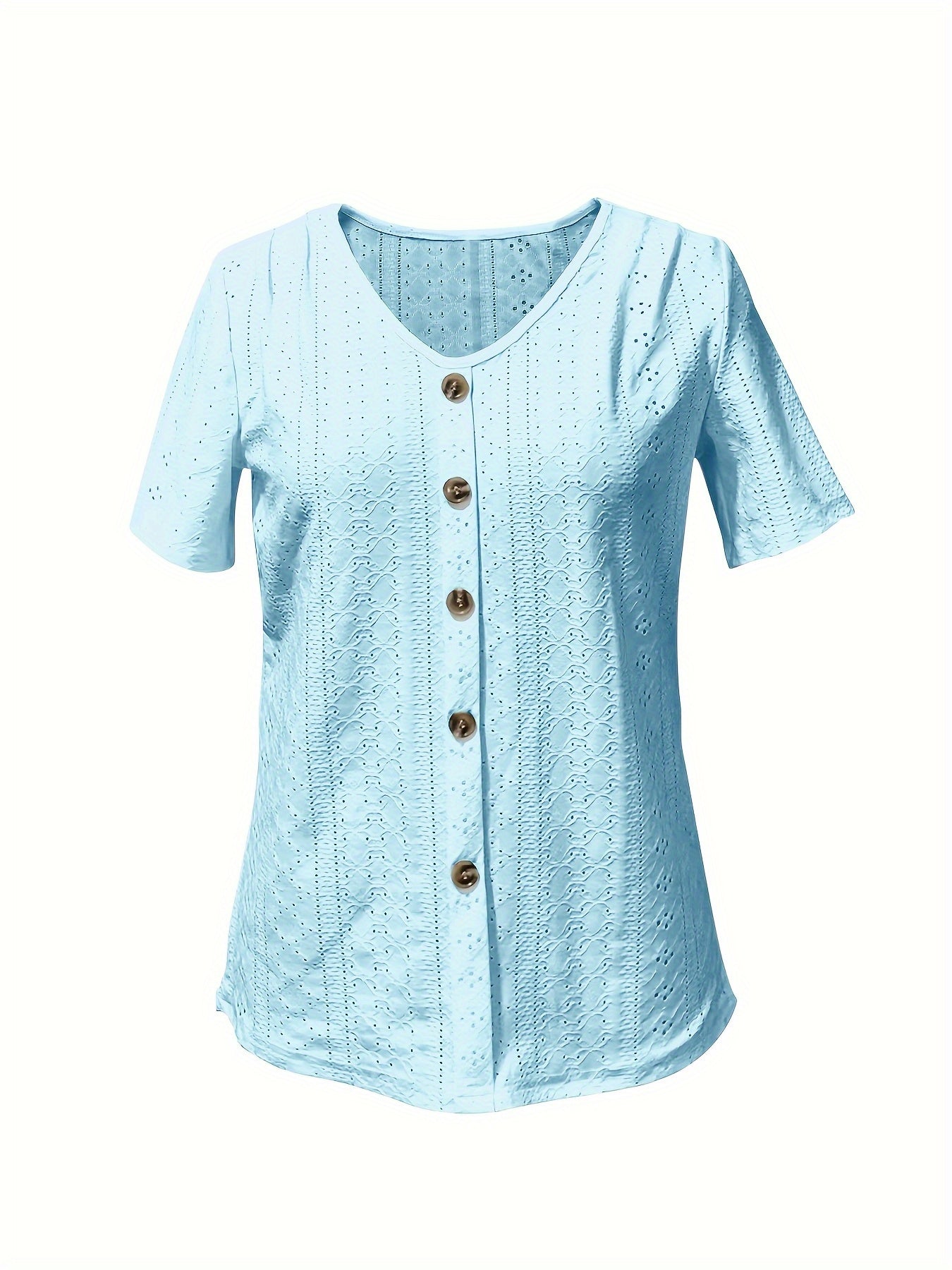 Elegance Light Blue V-Neck Short Sleeve T-Shirt with Decorative Buttons - Breathable, High Elasticity, Semi-Transparent Jacquard Top for Women, Suitable for Spring And Summer, Ladies' T-Shirt
