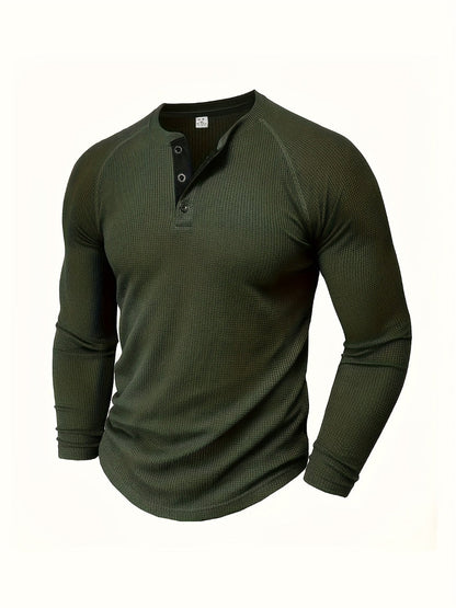 Men's Solid Color Casual Shirt - Crew Neck Long Sleeve
