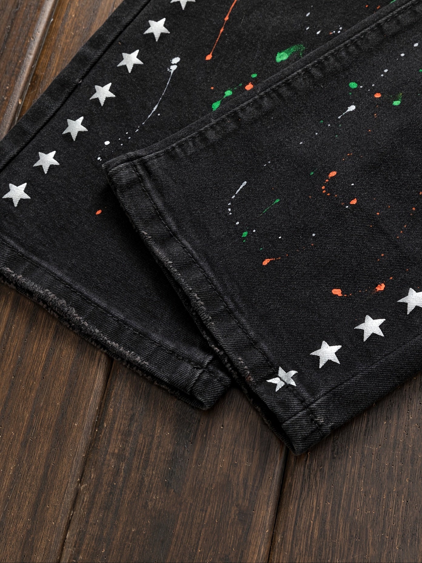 Men'S Casual Versatile Street Fashion Style Splashed Ink Star Hole Printed Jeans