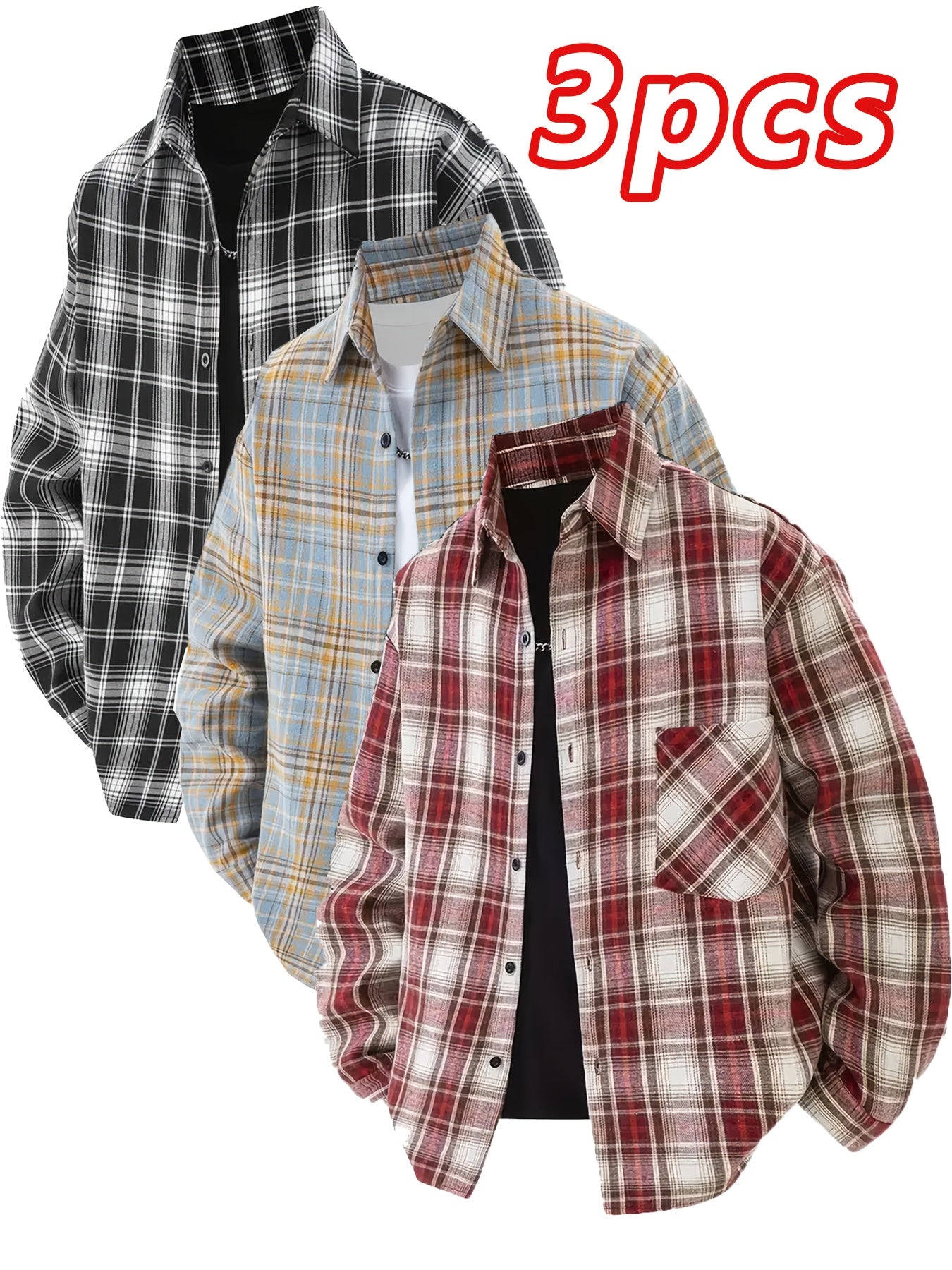 (3pcs) Unisex European And American Vintage Casual Shirt, Featuring A Checkered Pattern And A Fashionable, Minimalist Design with A Lapel Shirt Style That Can Be Worn All Year Round. The Loose And Comfortable Fit Meets Diverse Needs