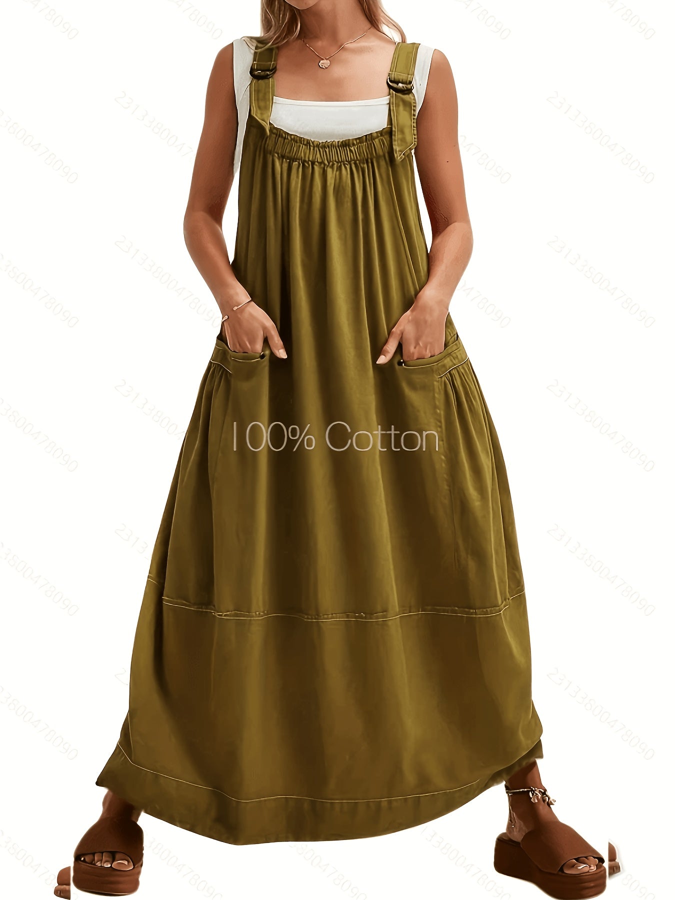 [Loose Midi Dress] Women's Loose Adjustable Strap Midi Overall Dress with Big Pockets in Workwear Style