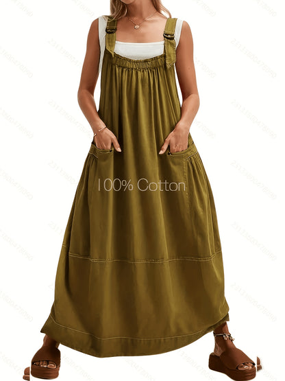 [Loose Midi Dress] Women's Loose Adjustable Strap Midi Overall Dress with Big Pockets in Workwear Style