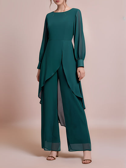 Ladies' Elegant Two-piece Set, Fashionable Chiffon Top with Flowing Sleeves, Wide-leg Pants, And Stylish Accessories - A Must-have Party Dress Pants Set for All Seasons.