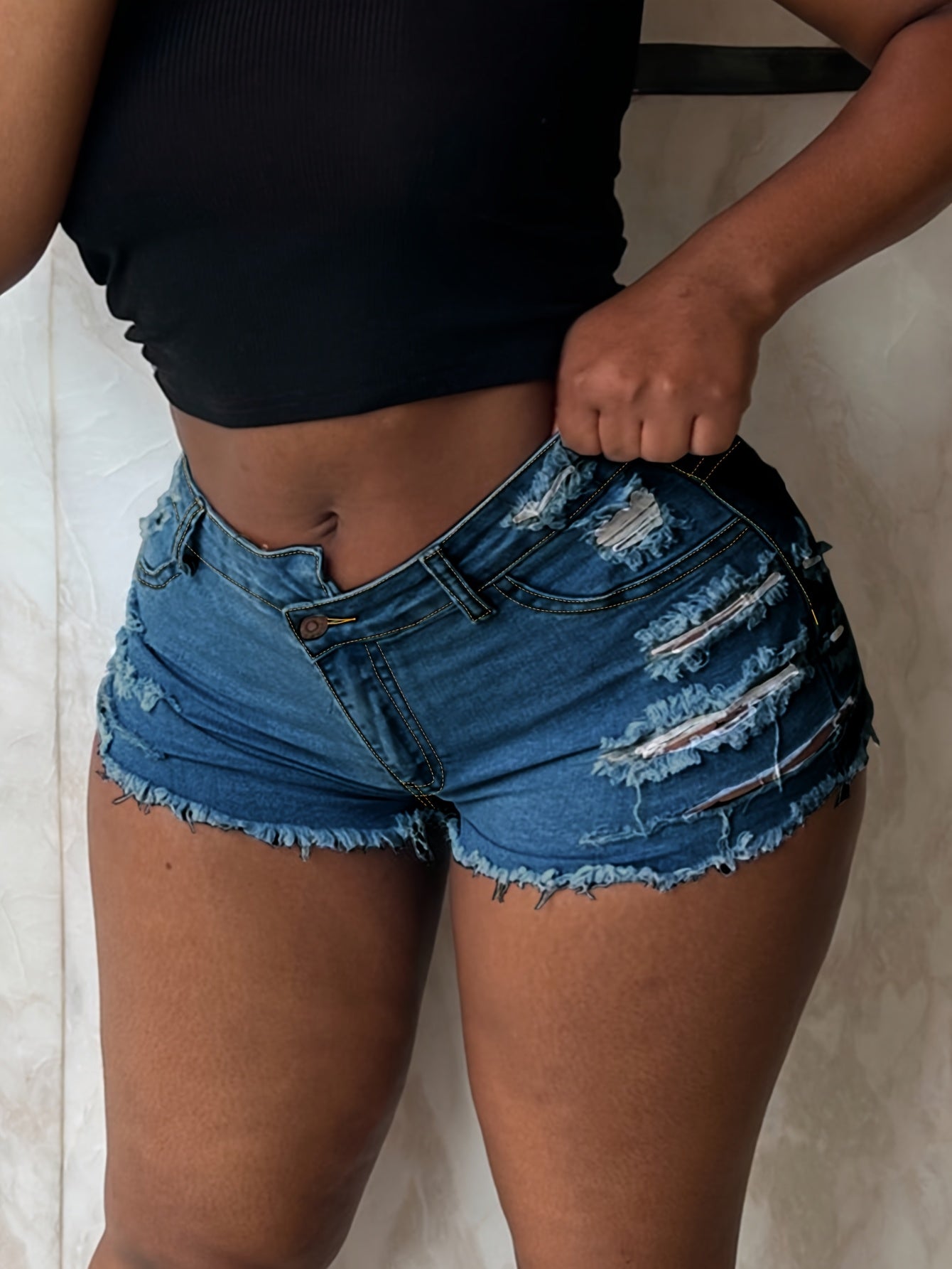 Ripped Raw Hem Denim Shorts, Distressed Washed Blue Denim Shorts, Women's Denim Jeans & Clothing