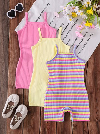 3pcs Baby Girl 3pcs Knitted Jumpsuit Suit - Yellow, Pink & Striped Bodysuits | Spring Summer Outfits, Slight Stretch Fabric, Machine Washable Wear for Photoshoots, Everyday Outfits (Regular Fit) Clothes, Perfect for Outdoor