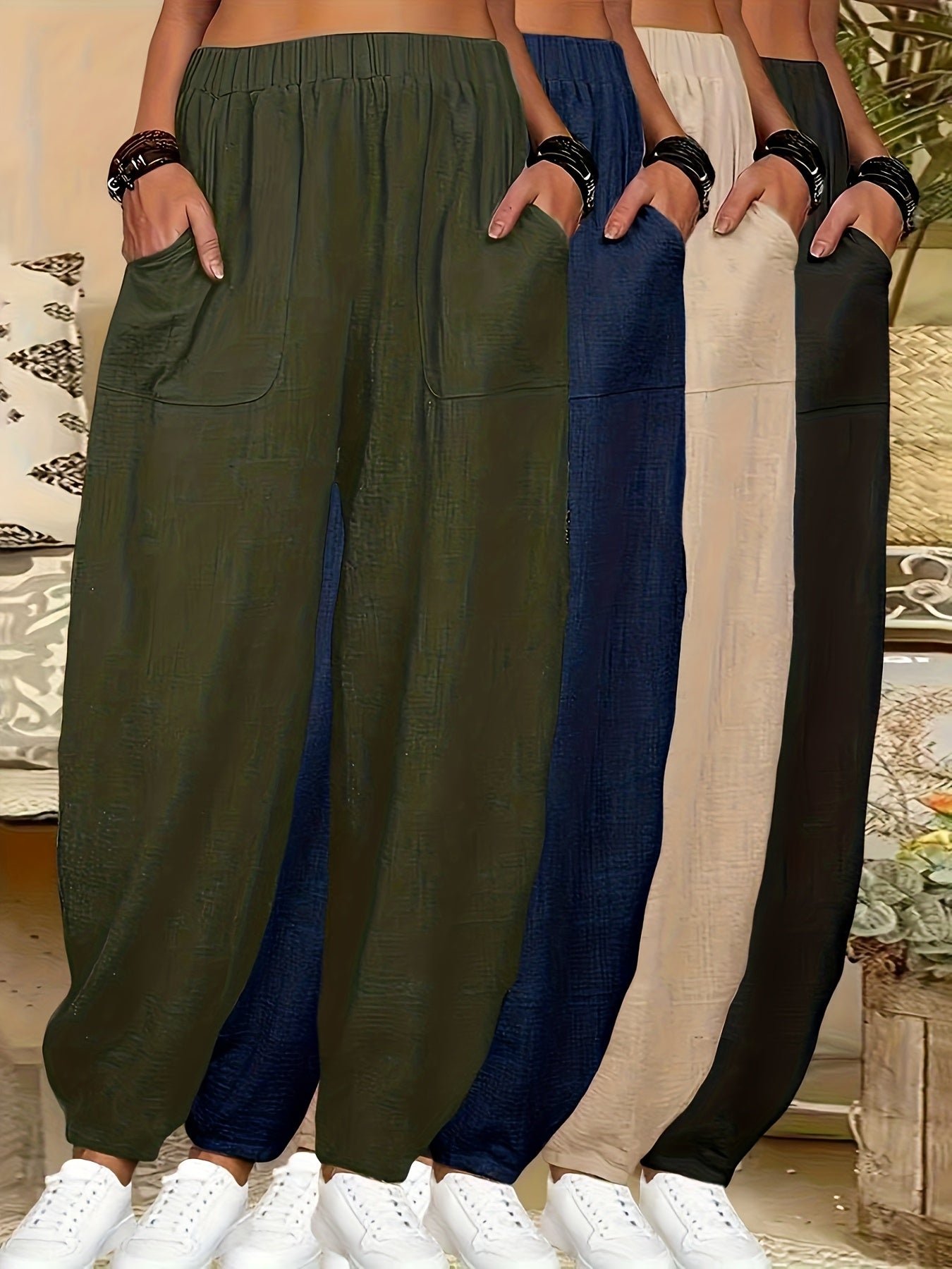 4pcs Women'S Casual Lightweight Harem Pants with Elastic Waist And Side Pockets - Breathable, Loose Fit, All-Season Wear, Black/Green/Brick Red/Khaki Solid Color, Machine Washable