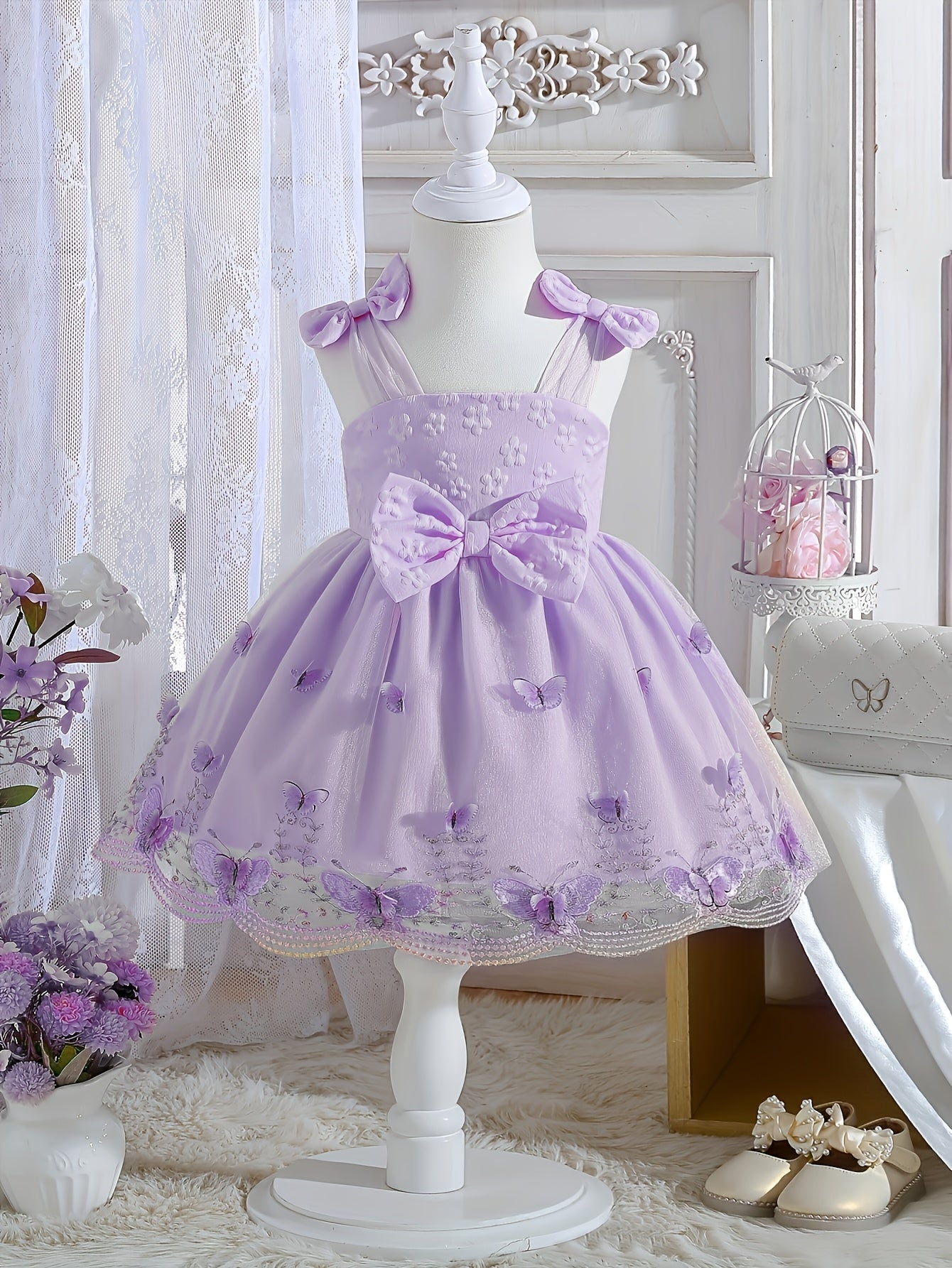 Girls' Clothing, School Season Gifts, Cute Girls' Dresses, Summer Lightweight Net-sheen Dresses, Bow Decoration Dresses, Versatile Fashionable High-end Style, Suitable for Parties And Wedding Seasons, Girls' Princess Dresses, Valentine's Day Gifts