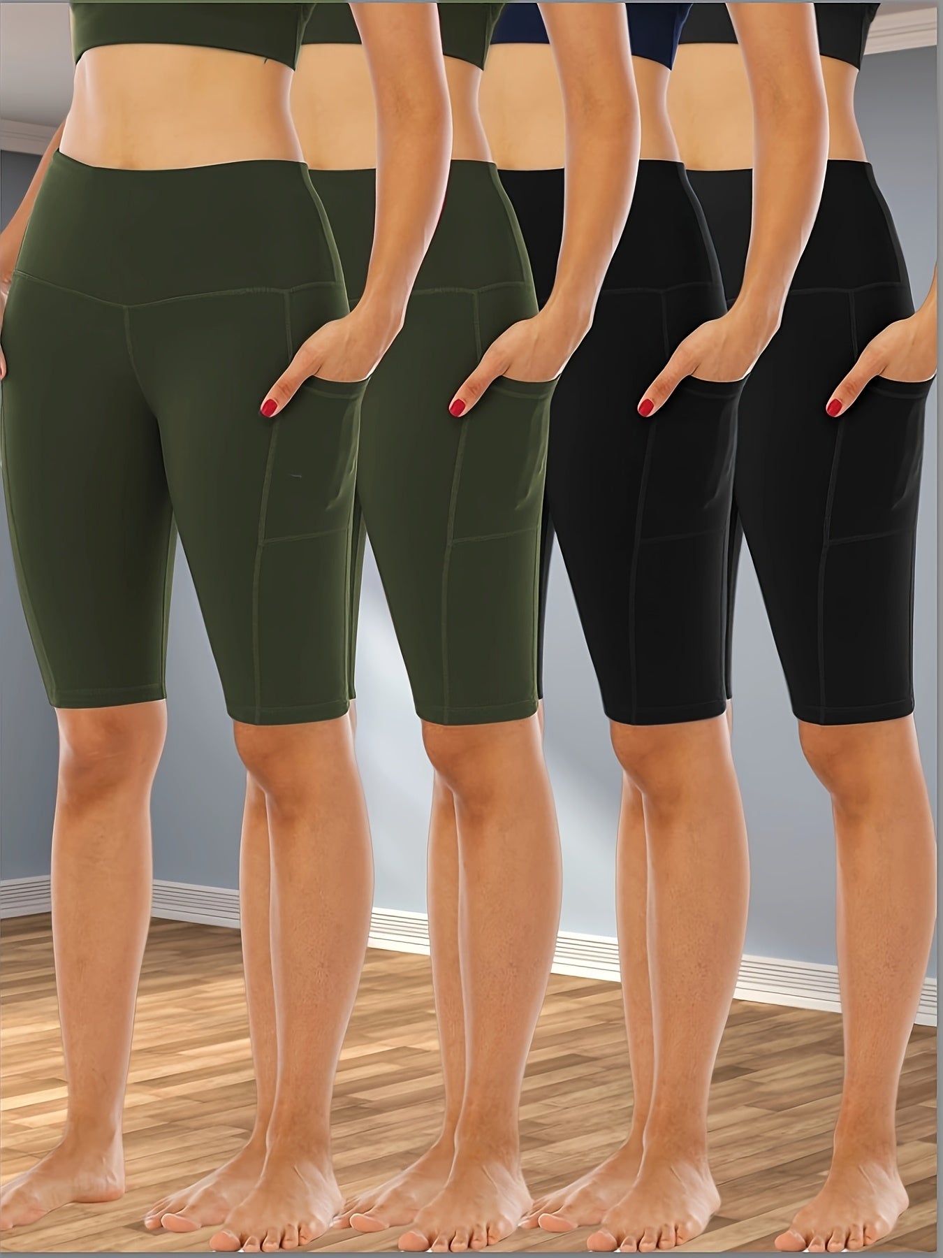 4pcs Women's High-Waisted Yoga Shorts with Pockets, Stretchy Fitness Running Cycling Workout Shorts with Tummy Control
