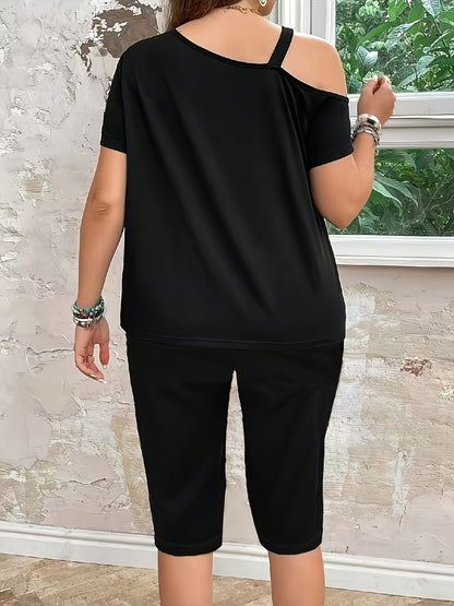 Plus Size, 9802 Plus Size Women's Off-Shoulder 2pcs Set: Casual Top + Capri Pants, Suitable for Summer Daily Wear, Both At Home and Out