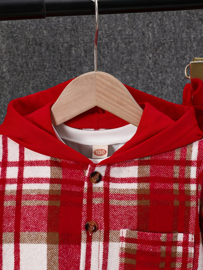 2pcs, Autumn And Winter New Boys' Long-Sleeve Plaid Cardigan Suit Boys' Puff Hooded Jacket Boys' Fashion Work Pants, for Outdoor