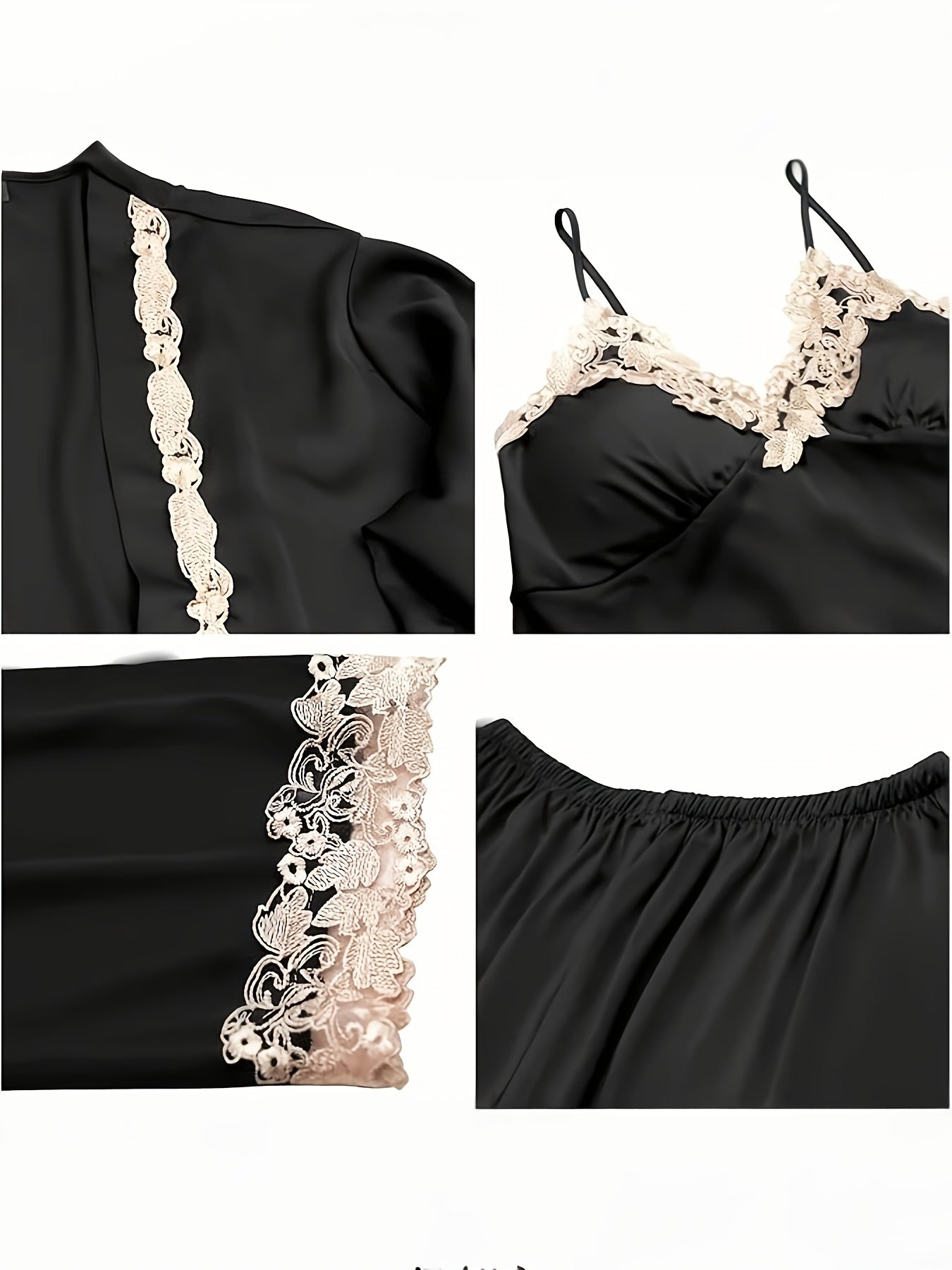 5pcs Set of Women'S Lace Sleepwear, Featuring a Charming Pajama, Casual Satin Outfit That Is Loose, Cozy, And Soft. The Set Includes a Robe, a Strap Skirt, a Short Tank Top, Shorts, And Pants