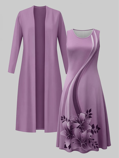2pcss Set, Vest Style Dress+Long Sleeved Jacket Cardigan, Women'S Fashionable Dress Set, Floral Print Dress Cardigan Top Paired with Waist Cinching Long Skirt 2pcss Set, Elegant Temperament, Suitable for Wearing on The Street