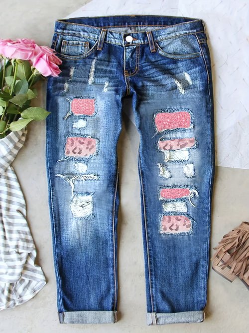 Plus Size Women's High-Waisted Distressed Washed Patchwork Jeans | Pink Leopard Print Patches & Rips | Slim Fit, Unique Fashion Design | Versatile for All Seasons