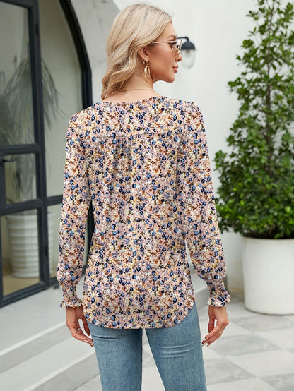 Women's Casual Fall Floral Round Neck Puff Sleeve Tunic Long Sleeve Top Pleated Loose And Versatile T-Shirt