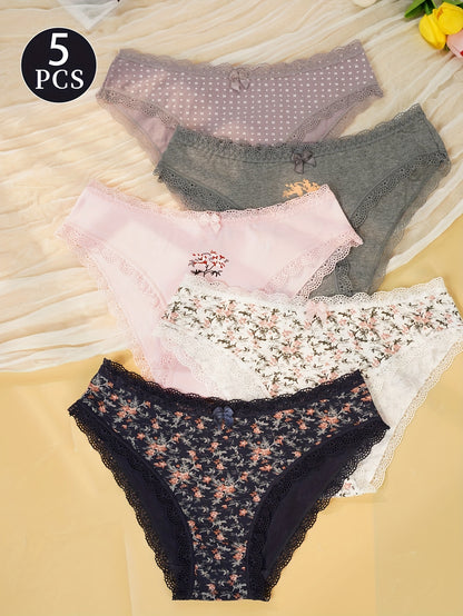 5pcs Women'S Underwear - Soft Breathable Low-Rise Briefs with Contrast Lace Trim, Seamless & Non- Restrictive Design, Light -Friendly Fabric for Everyday &, Comfortable & Stylish Lingerie, Underwear For Women, Underwear For Women High Quality