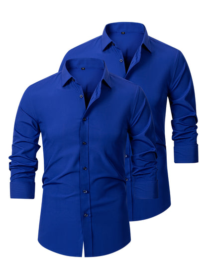 2pcs Men's Long Sleeve Dress Shirts - Elegant White, Stretchy Fabric, Business Casual, Unwrinkled, Single-Breasted with Lapel Collar, All-Season Wear, Casual Attire|Elegant Lapel Shirt|Stretchy Fabric
