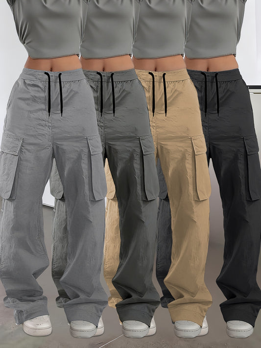 4pcs Set Women's Outdoor Trousers Casual Pants Multipocket Workwear Pants Solid Color Casual Wear for Outings Shopping Autumn, New Casual Fashion Women's Clothing Multipocket Work Pants Trousers