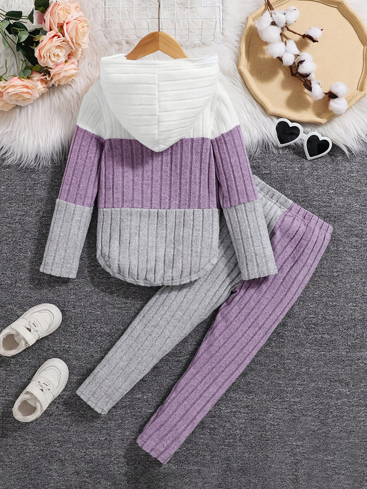 Casual Knitted Fabric Pant Set for - Fall/Winter Collection with Contrast Mesh Detail, Regular Fit, Solid Color with Stripes, Stretchable Polyester-Spandex Blend (90%-10%) - Hooded Top And Straight-Leg Pants Set for Ages 12 And Under, for Outdoor
