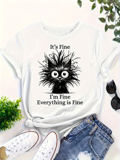 Whimsical "It's Okay, I'm Fine, Everything's Fine" Women's Cat Print T-shirt - Light Blue, Casual Version, Round Neck, Short Sleeve, Polyester, Machine Washable