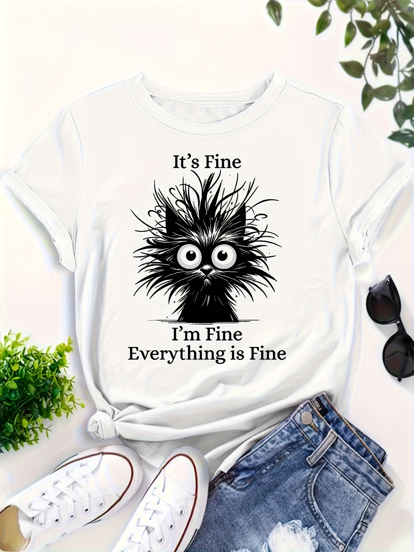Whimsical "It's Okay, I'm Fine, Everything's Fine" Women's Cat Print T-shirt - Light Blue, Casual Version, Round Neck, Short Sleeve, Polyester, Machine Washable