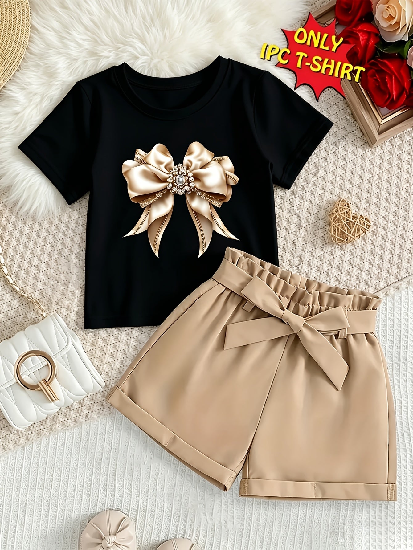 [Cartoon Bow Print T-Shirt] Girls' Single Short-Sleeve T-Shirt with Cartoon Bow Print, Soft and Comfortable Fabric, Suitable for Outdoor Leisure and Daily Wear